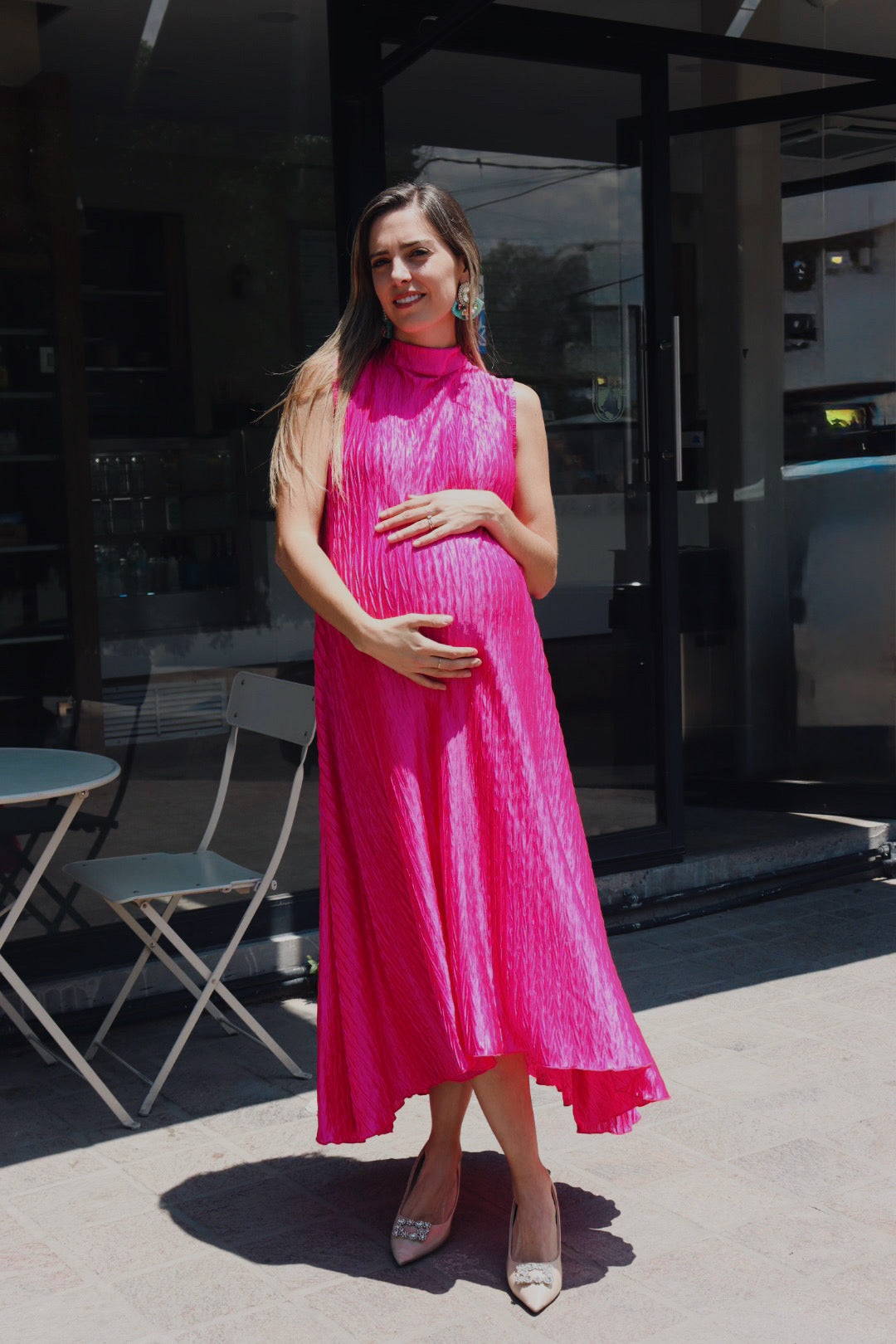Vestido de maternidad Sonia, rosa barbie corrugado