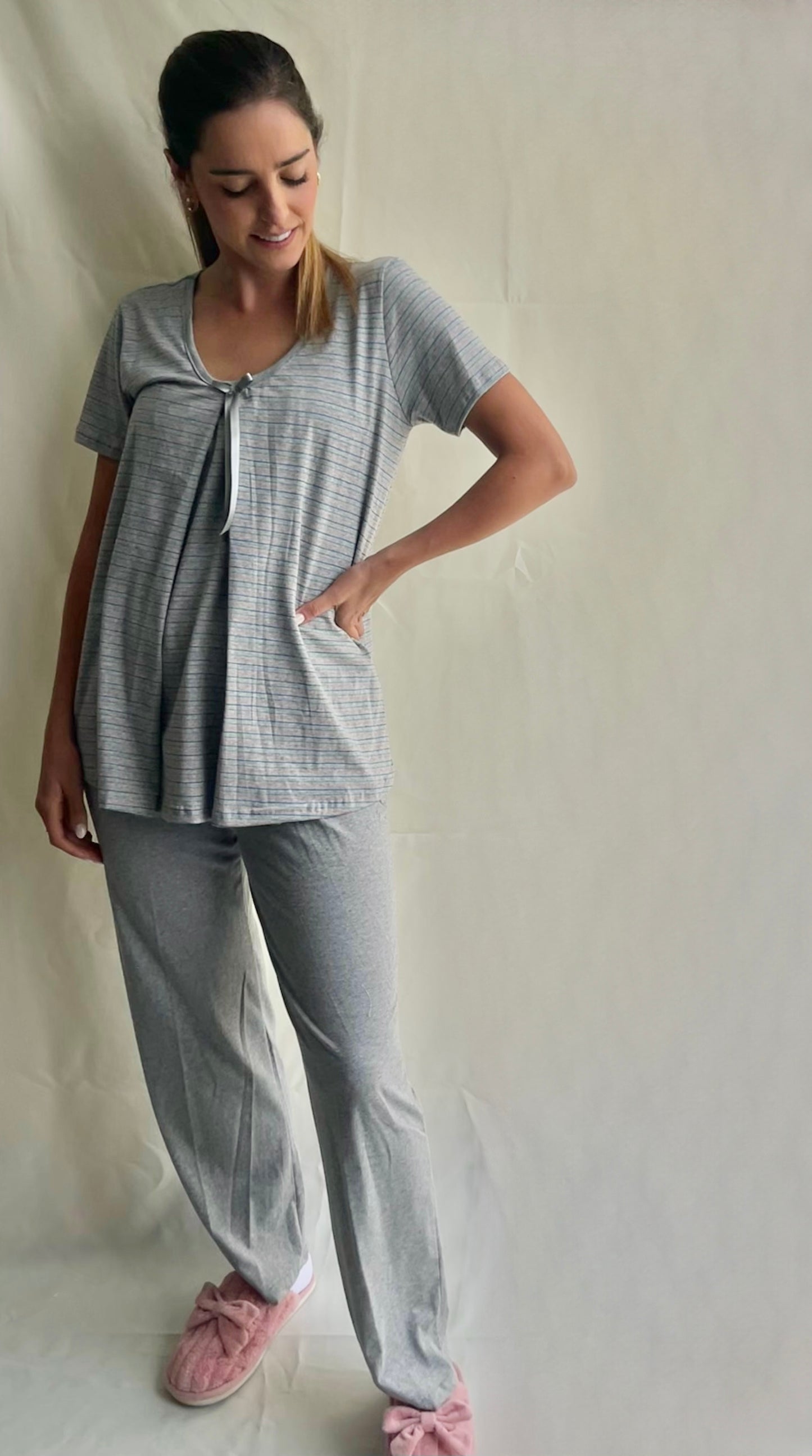 Nursing and maternity pajamas, striped gray
