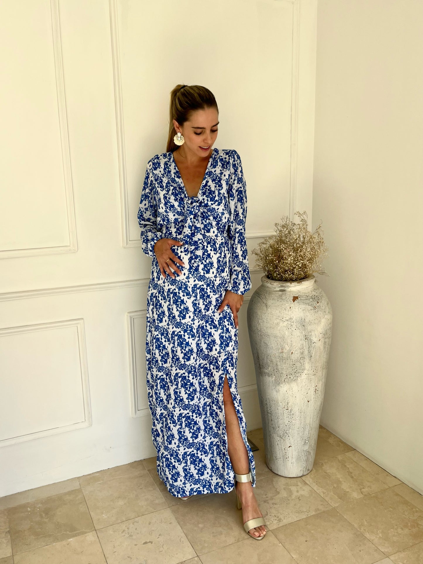 Brescia maternity and nursing white dress with blue flowers