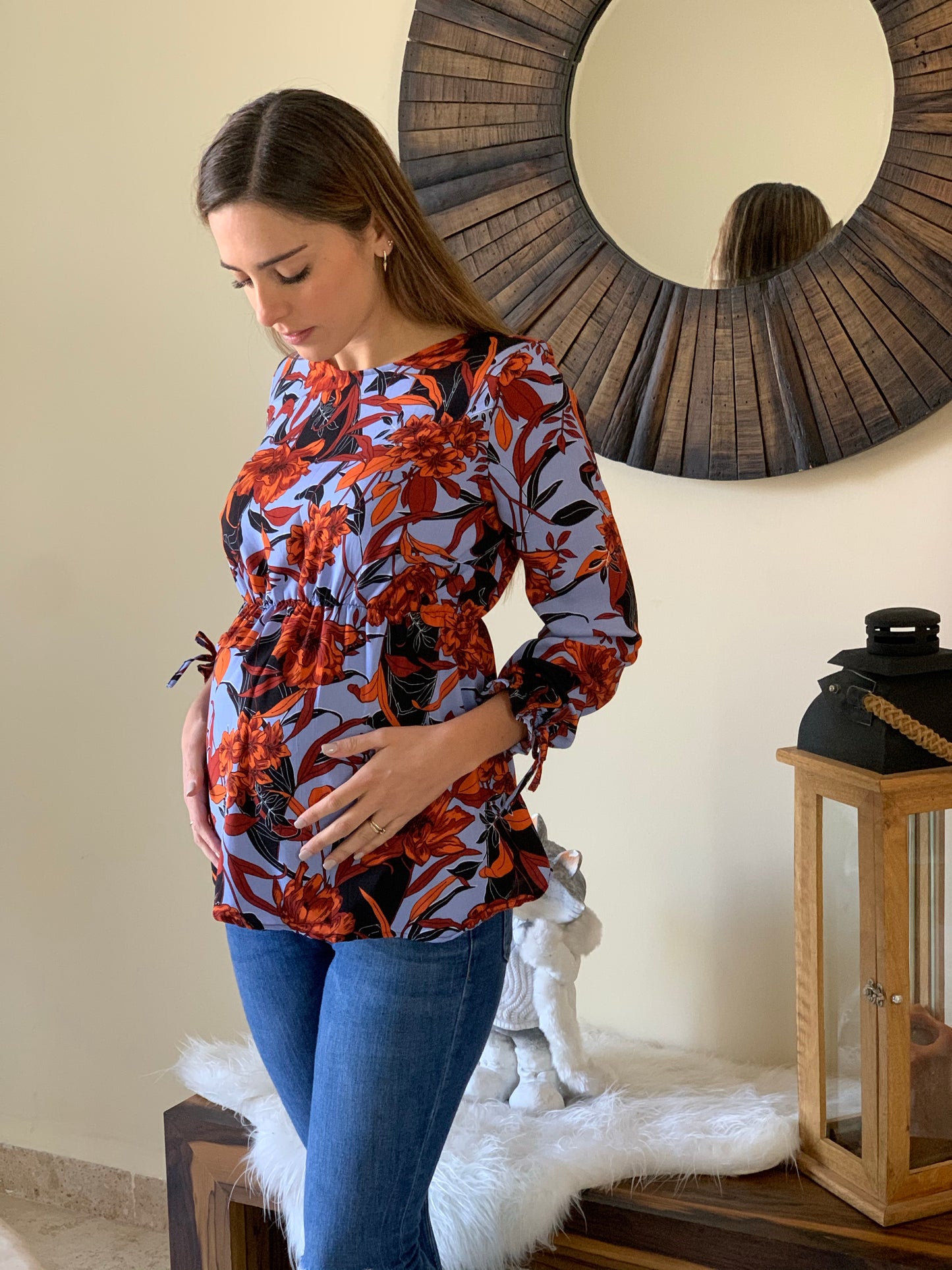 Maternity blouse, Anna blue orange flowers