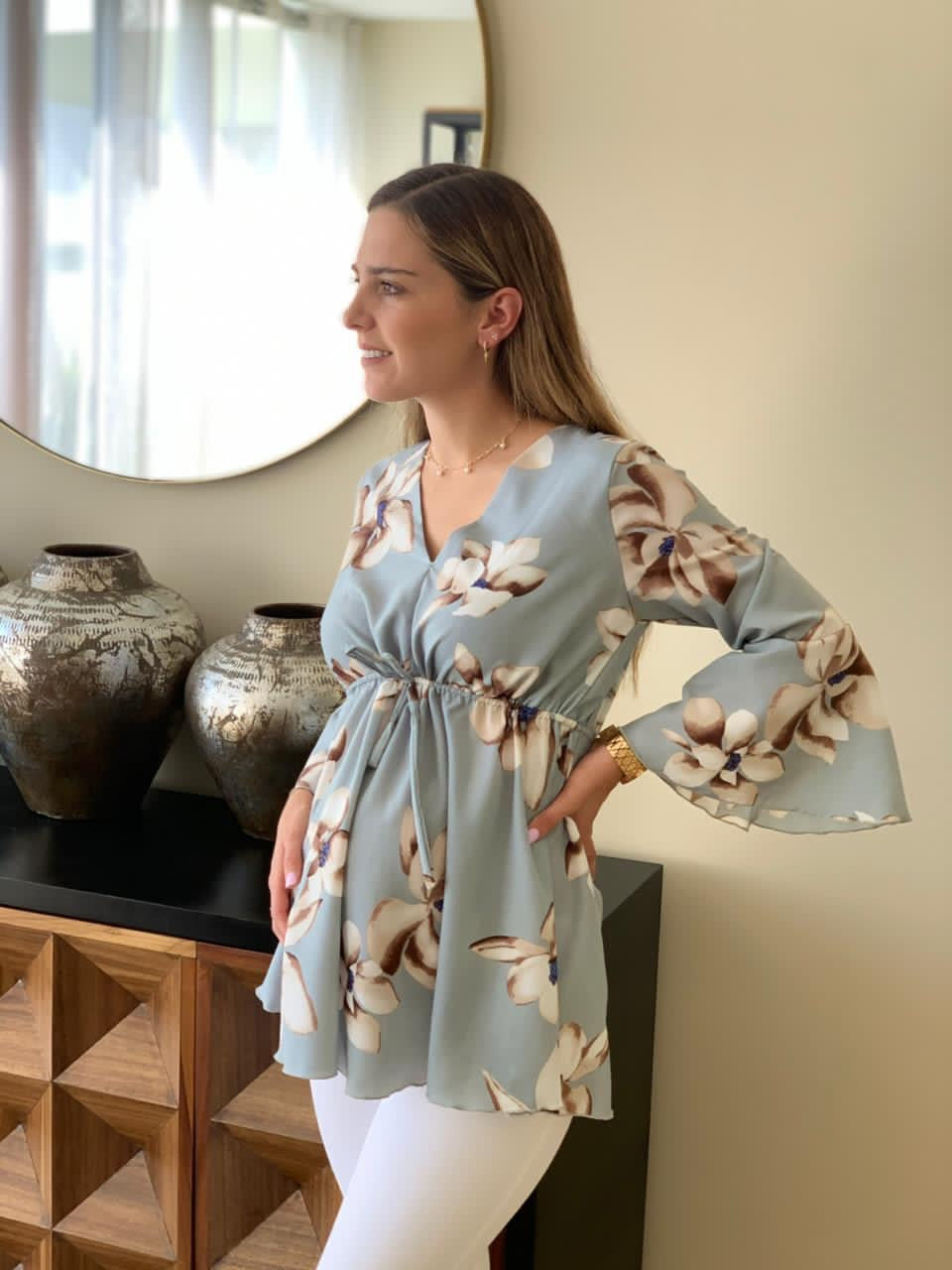 Maternity blouse, loreta gray flowers
