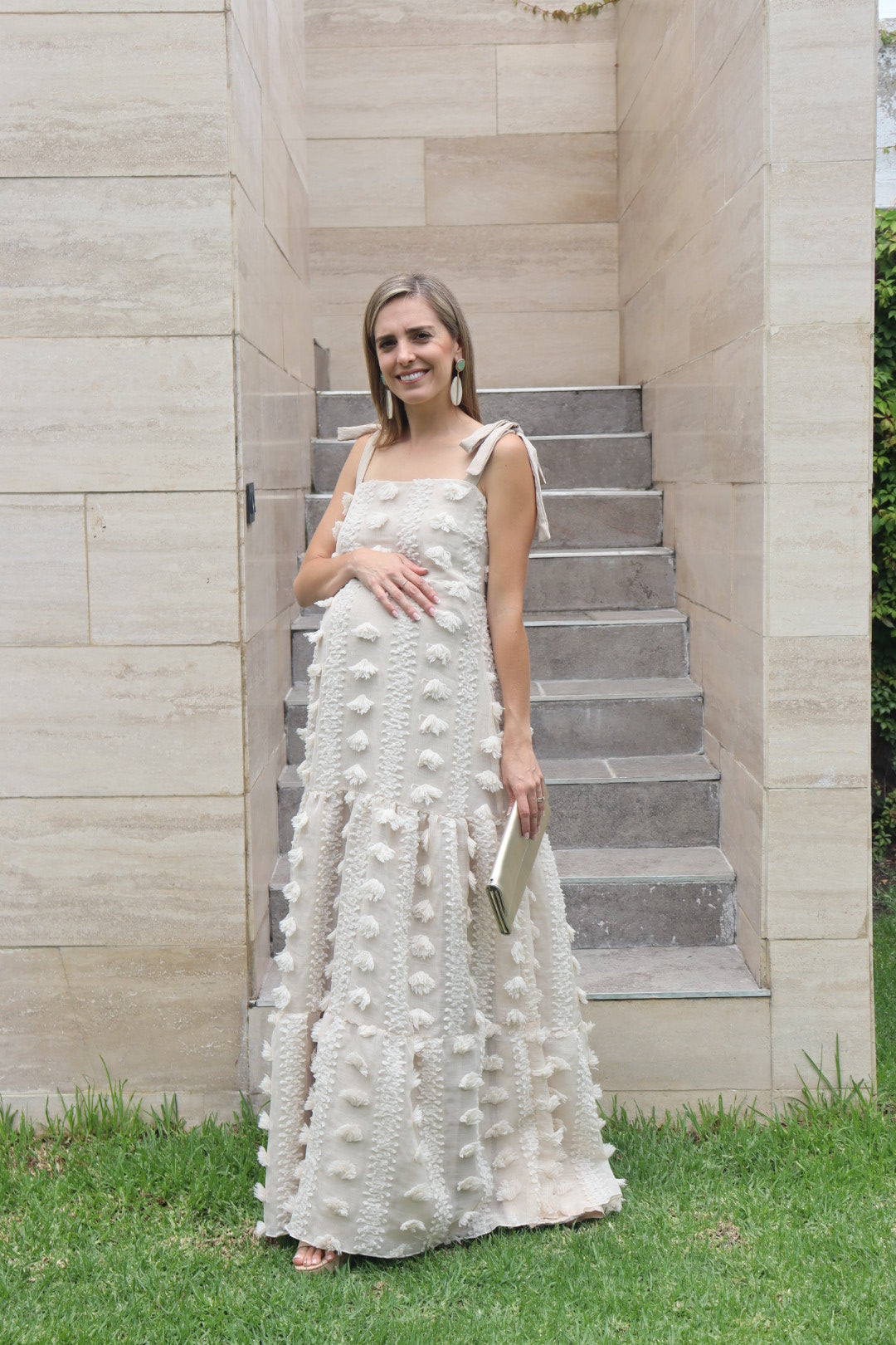 Vestido de maternidad Dalia beige pompones