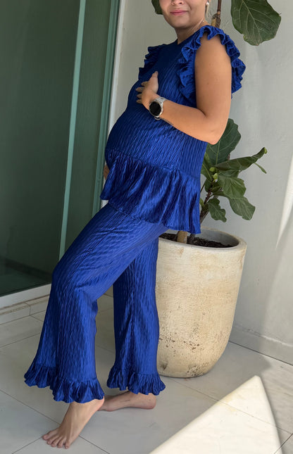 Conjunto de maternidad Imelda sin mangas, azul rey corrugado