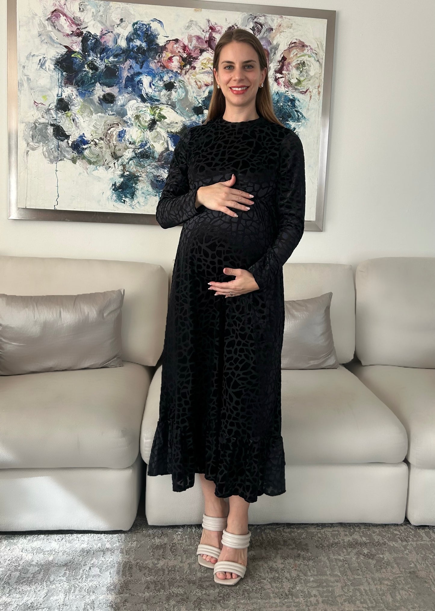 Vestido de maternidad, Gaby, negro terciopelo textura