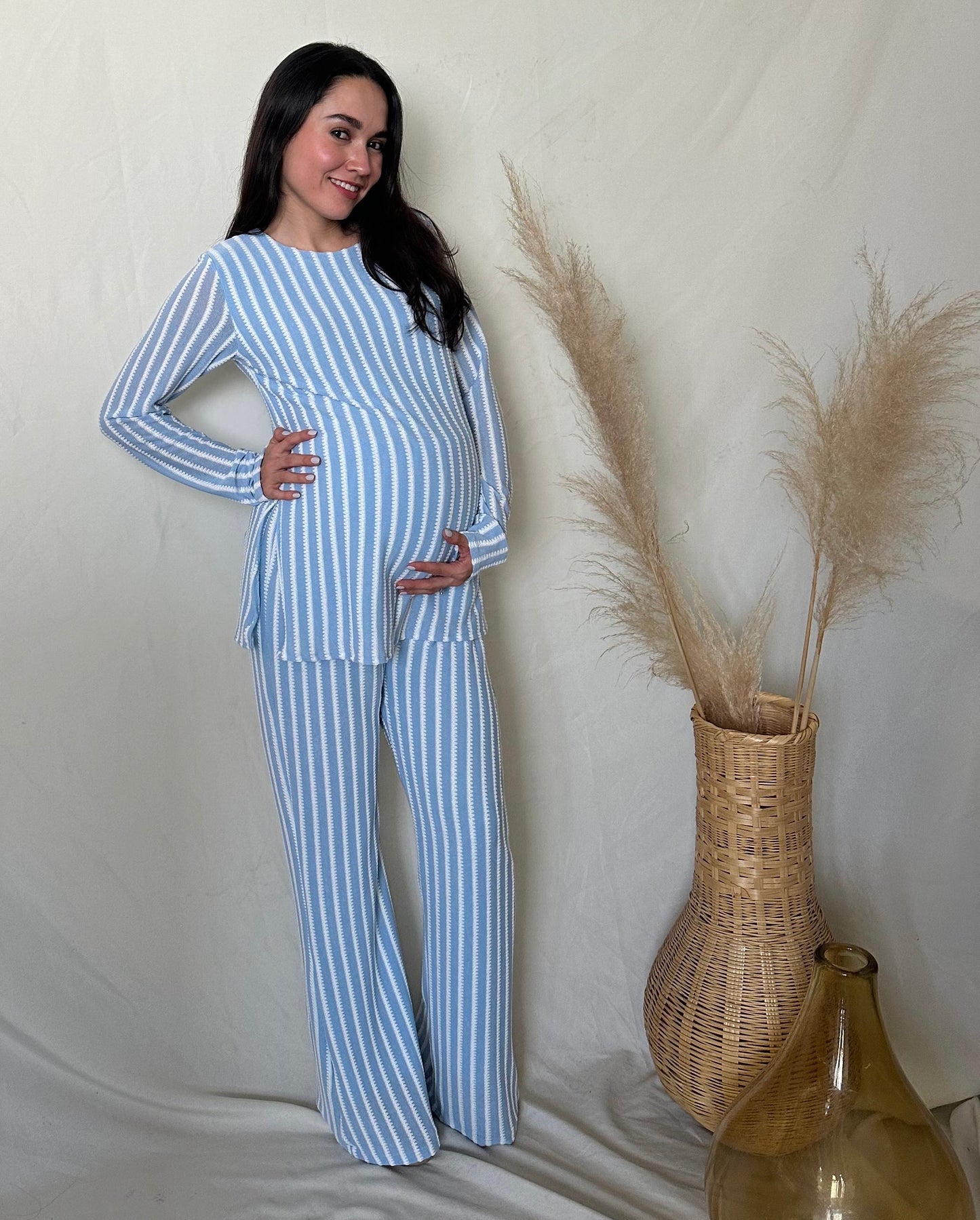 Conjunto de maternidad Cinthya, azul rayitas ivory CH