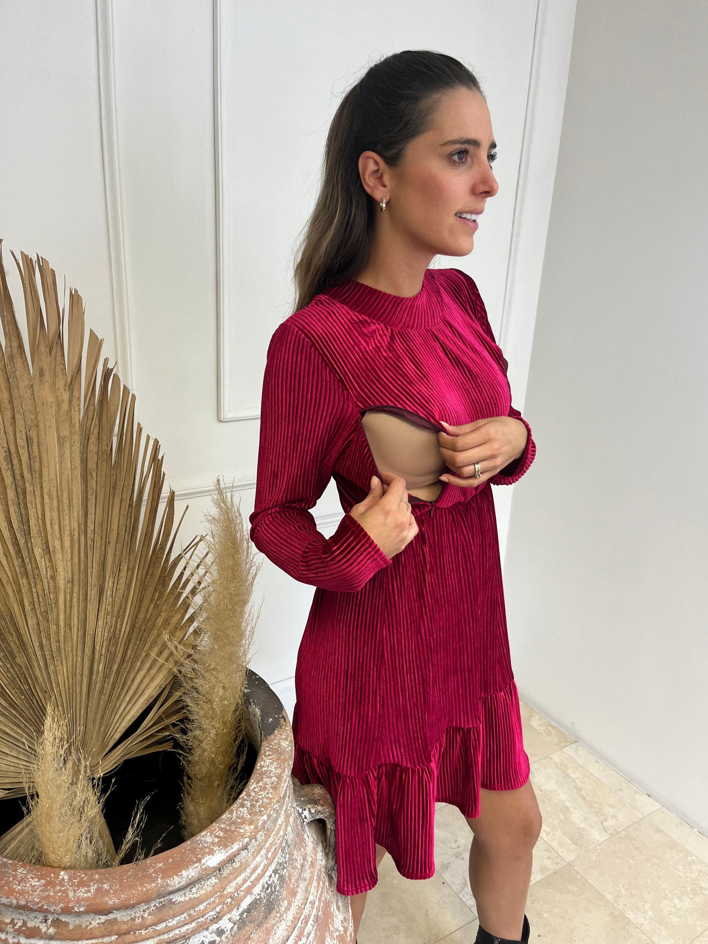 Vestido de lactancia, vino terciopelo rayas Gaby