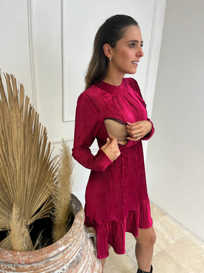 Vestido de lactancia, vino terciopelo rayas Gaby