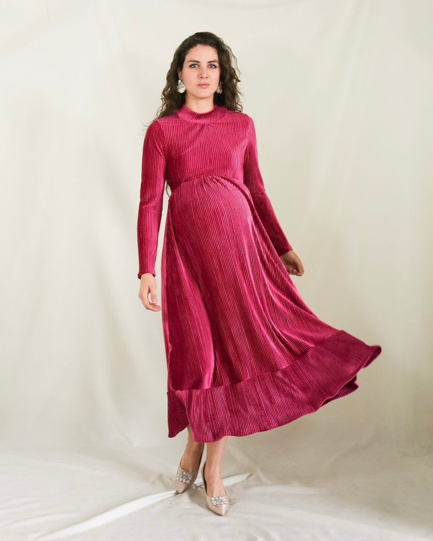Vestido de maternidad, rosa terciopelo rayas Gaby largo CH