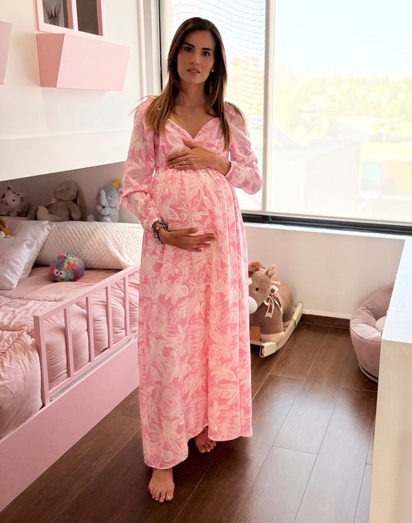 Vestido maternidad Priscila largo, rosa flores blancas