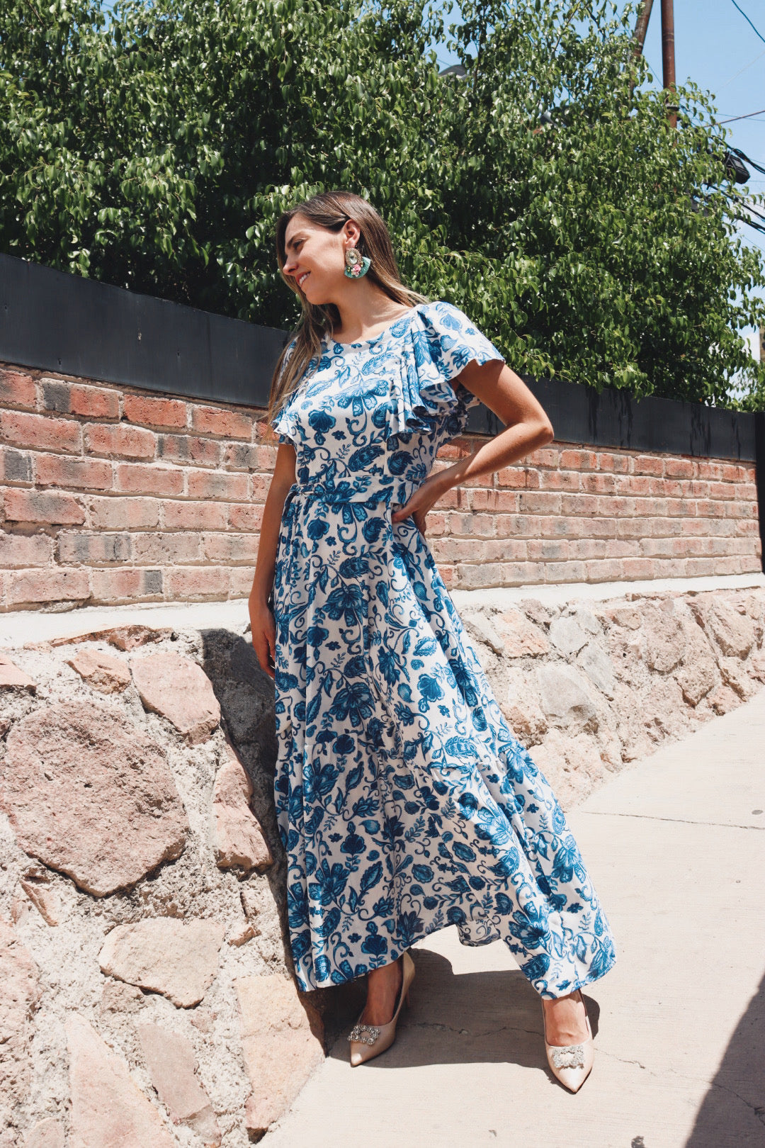 Vestido Mia de lactancia, azul flores blancas