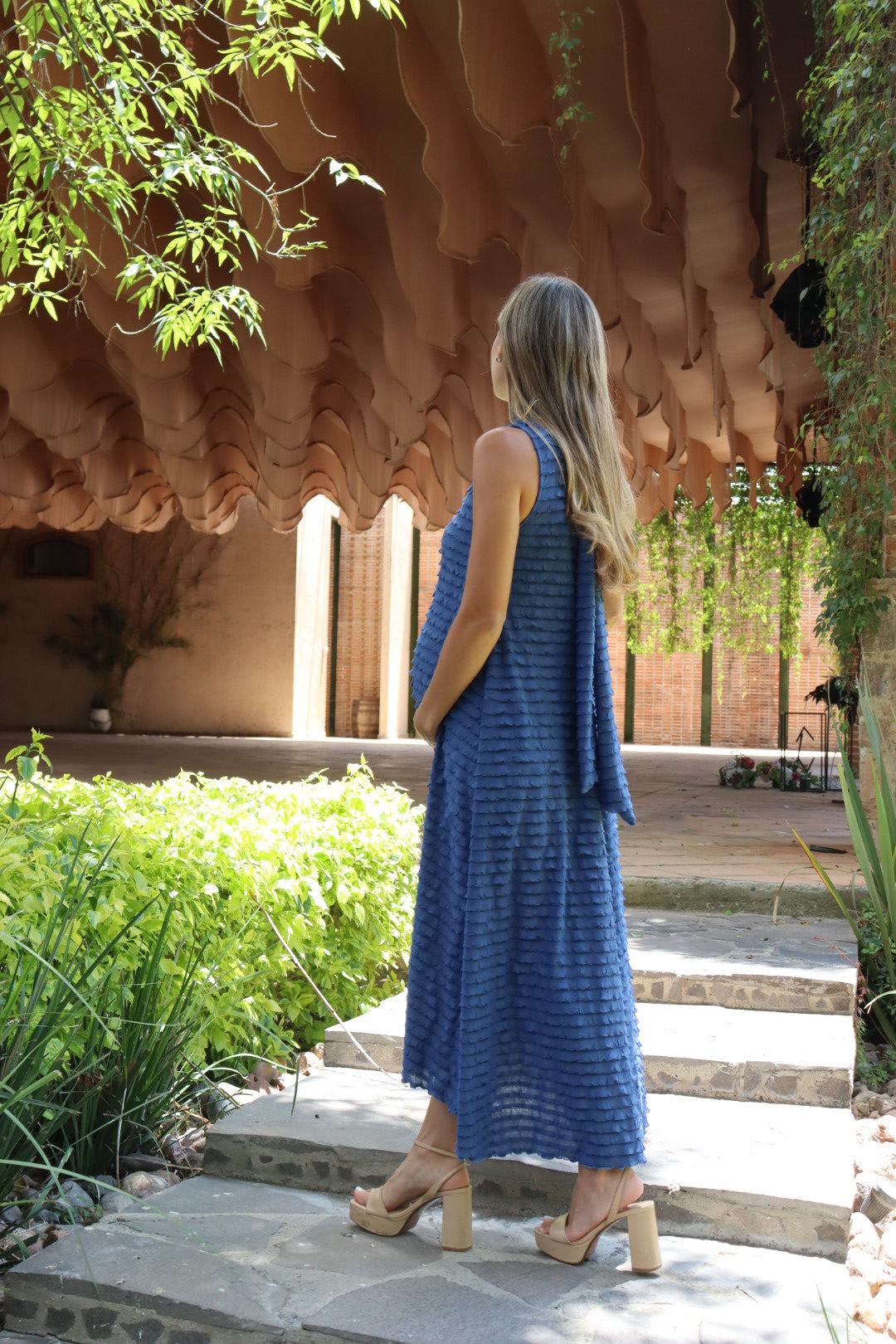 Vestido de maternidad Sonia, azul ondas corrugadas