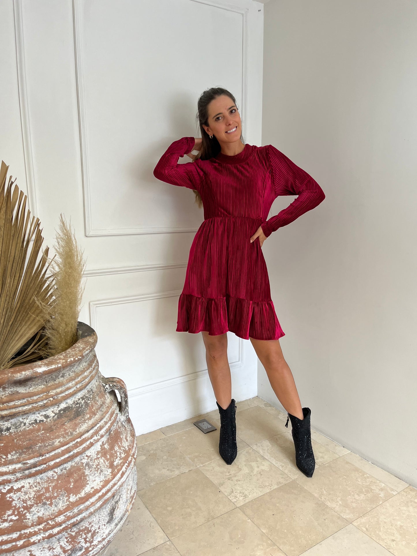 Vestido de lactancia, vino terciopelo rayas Gaby