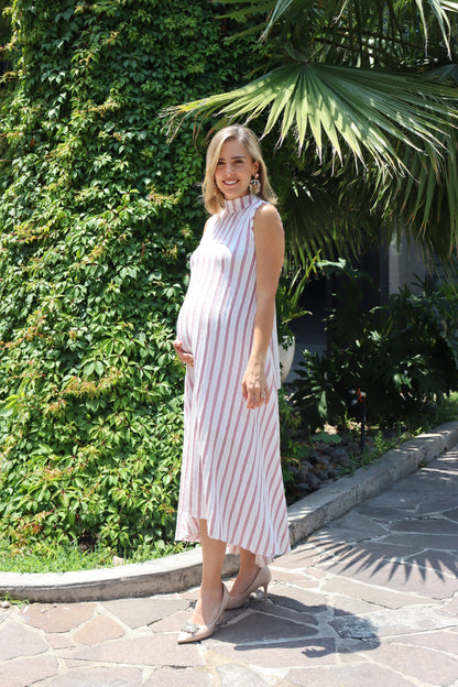 Vestido de maternidad Sonia, ivory franjas rosas