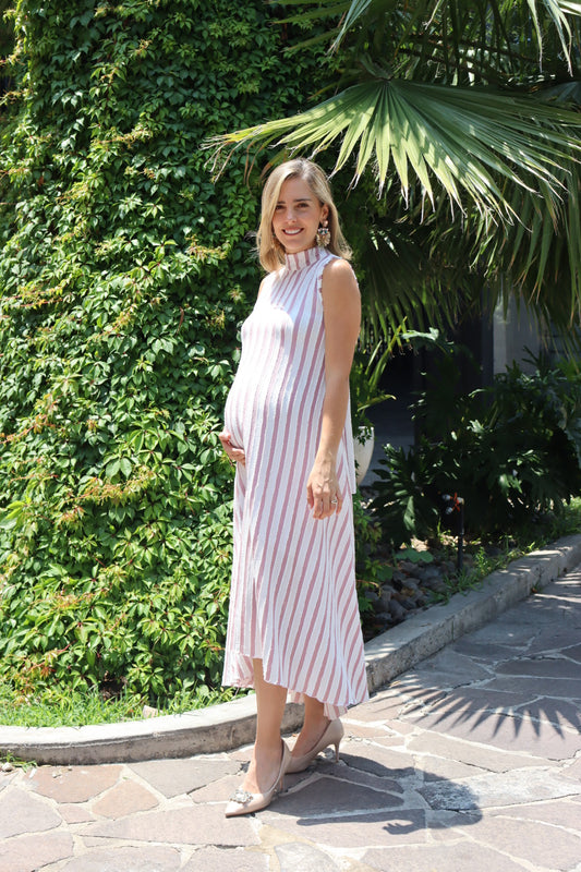 Vestido de maternidad Sonia, ivory franjas rosas