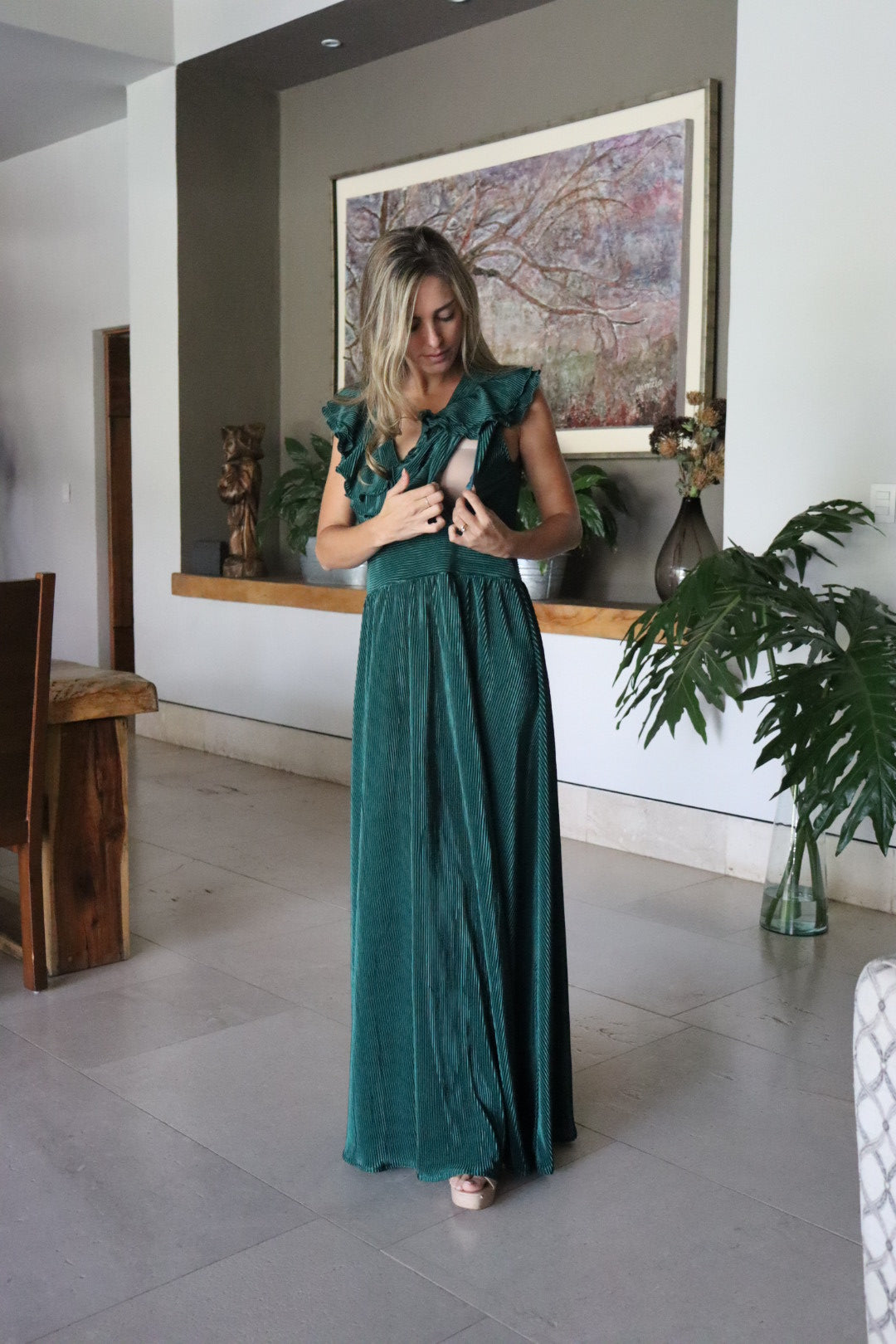 Vestido Xiomara de maternidad y lactancia verde corrugado