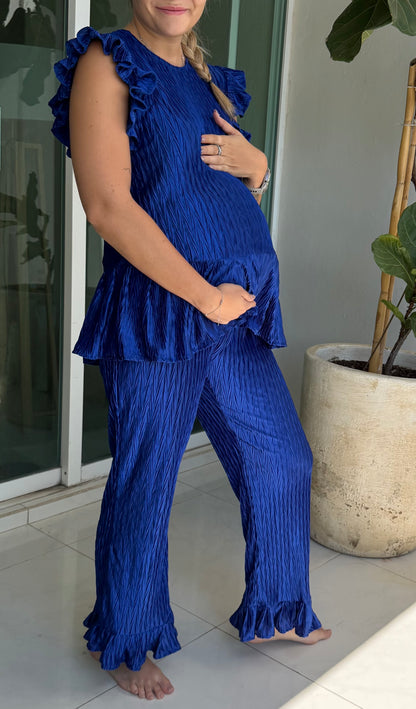 Conjunto de maternidad Imelda sin mangas, azul rey corrugado