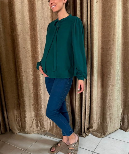 Blusa maternidad verde moño oscura