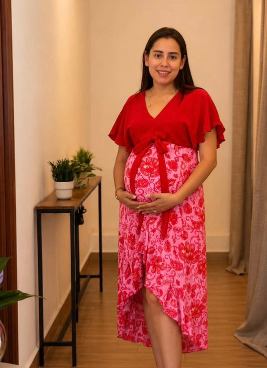 Vestido de Maternidad, Love Carlota rojo con flores rojas