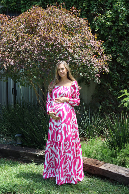 Vestido maternidad Priscila largo, rosa franjas blancas CH