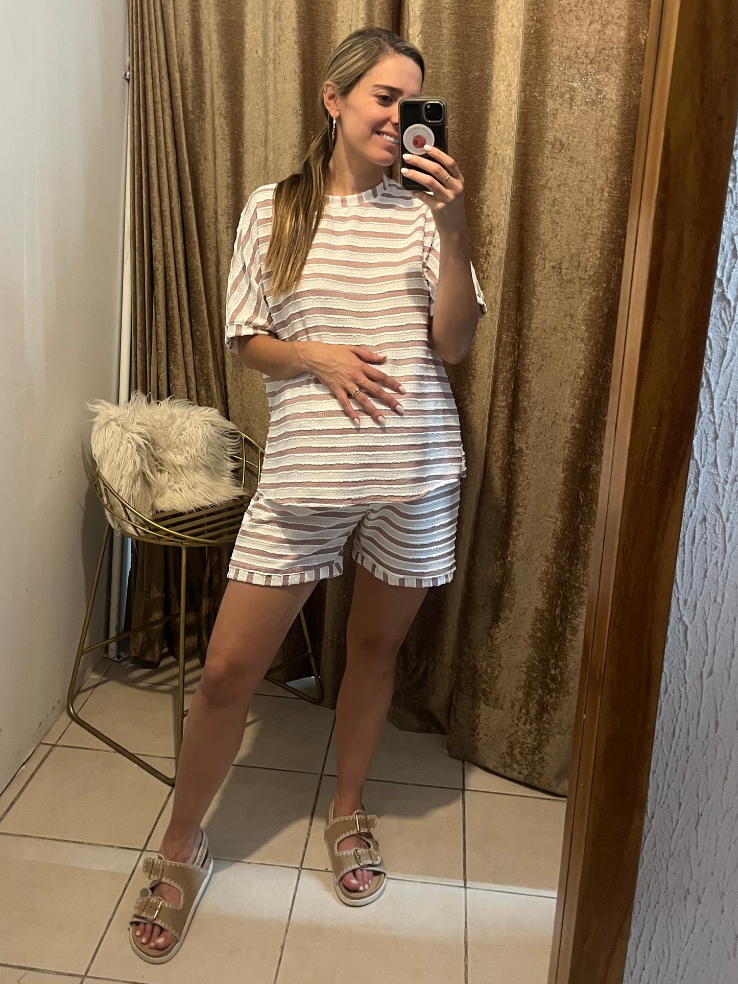 Conjunto de maternidad Mariela, rosa rayas beige