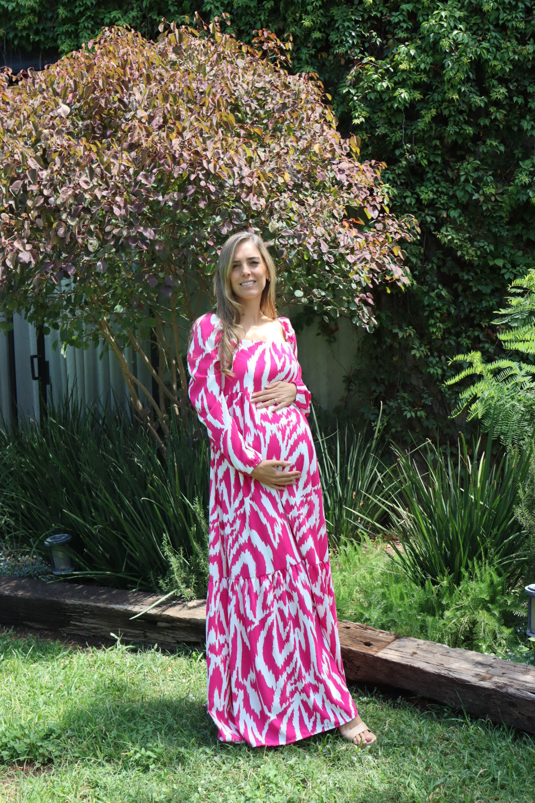 Vestido maternidad Priscila largo, rosa franjas blancas CH
