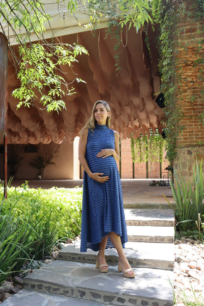 Vestido de maternidad Sonia, azul ondas corrugadas