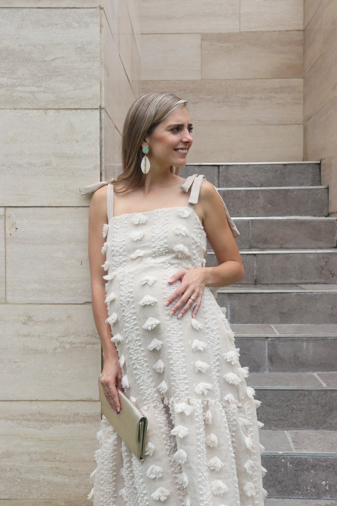 Vestido de maternidad Dalia beige pompones