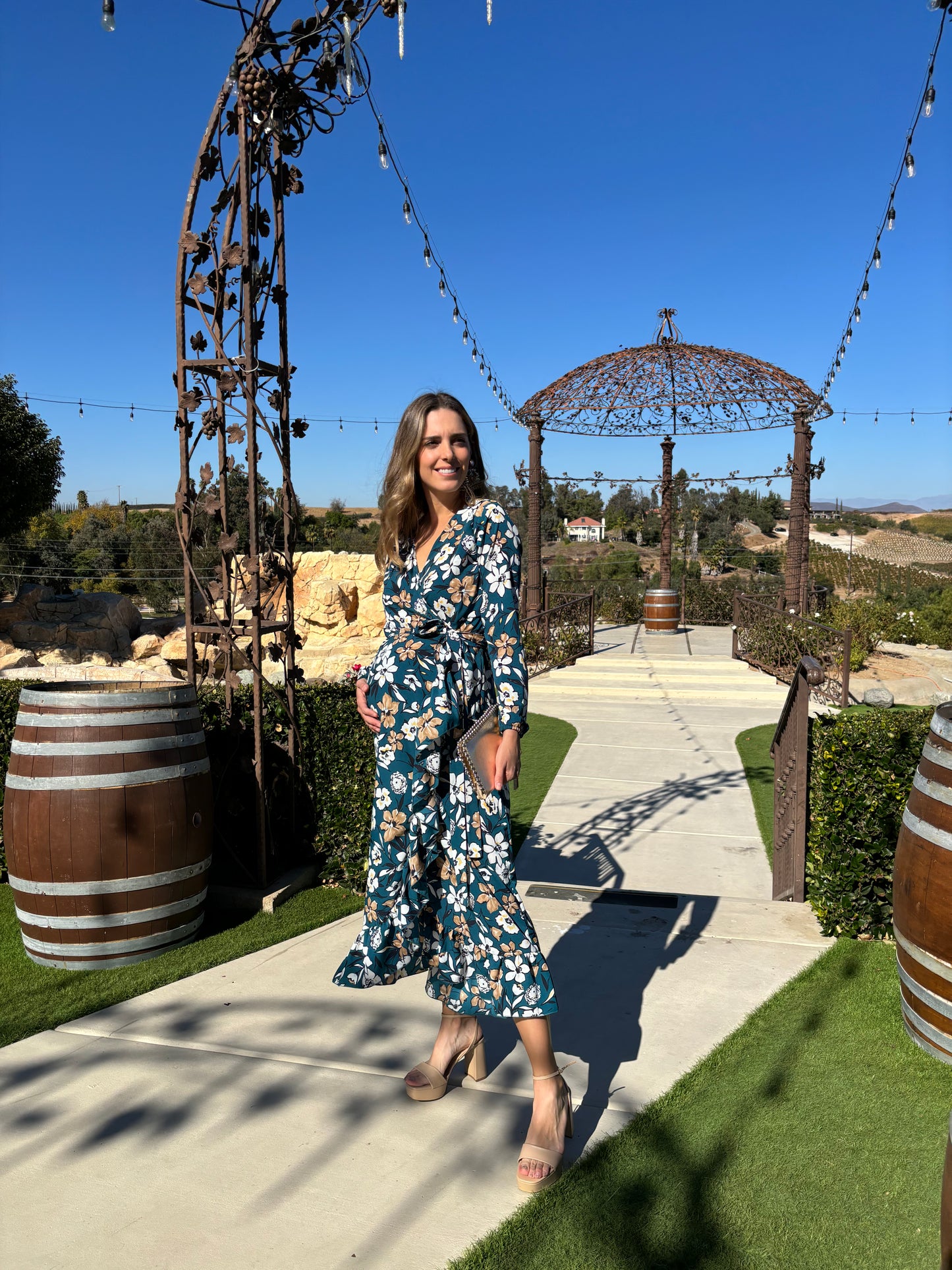 Vestido de maternidad, Ursula verde con flores mostazas