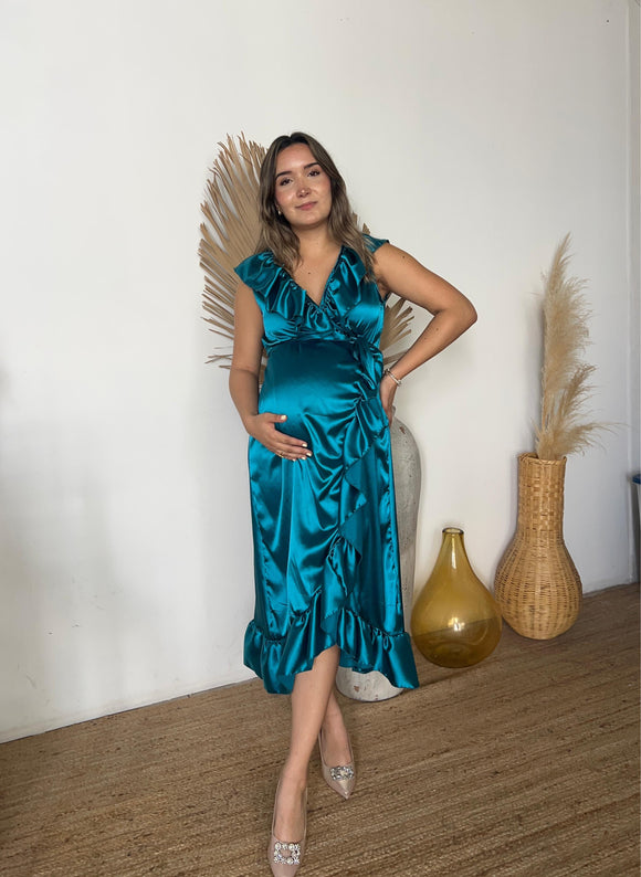 Vestido de maternidad María Luisa, azul verdoso satinado
