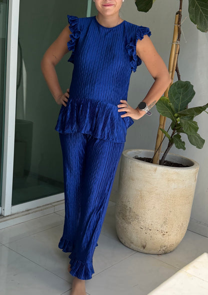 Conjunto de maternidad Imelda sin mangas, azul rey corrugado