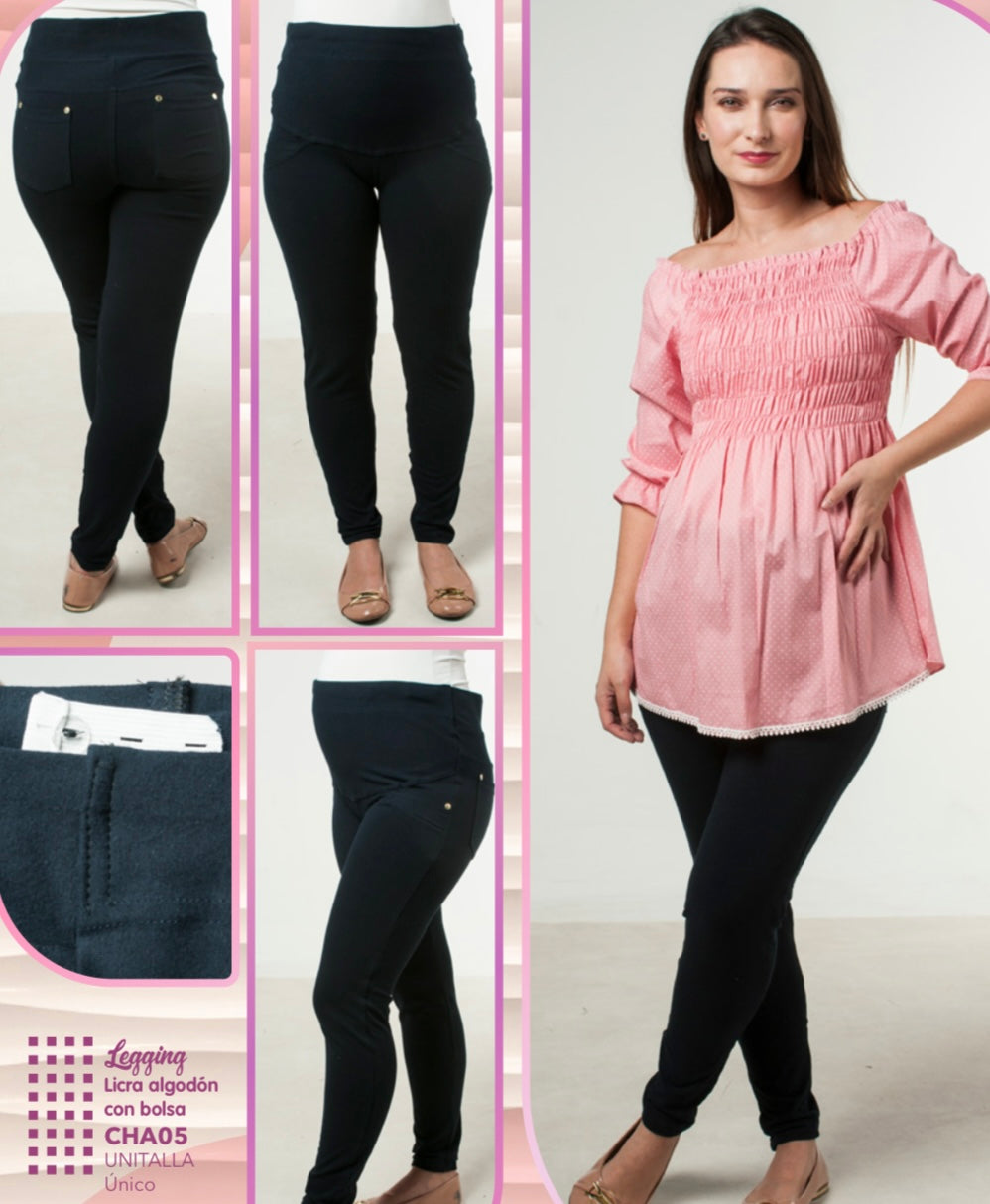 Leggins de maternidad licra algodón con bolsa