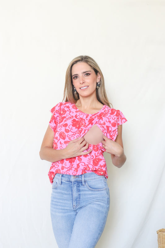 Blusa de lactancia, Andy rosa flores rojas