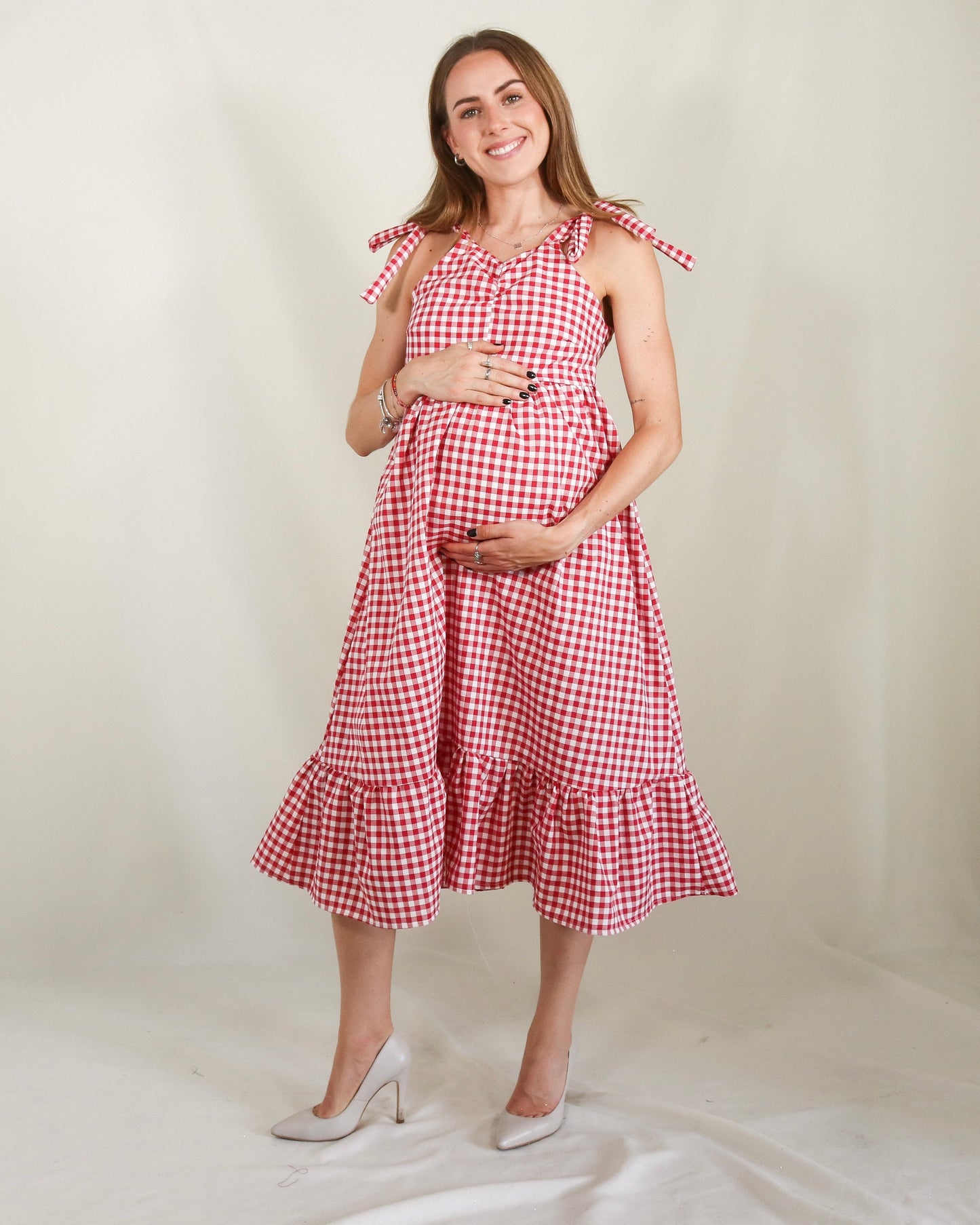 Vestido de maternidad y lactancia Rubi, cuadros rojos