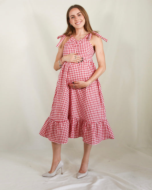 Vestido de maternidad y lactancia Rubi, cuadros rojos