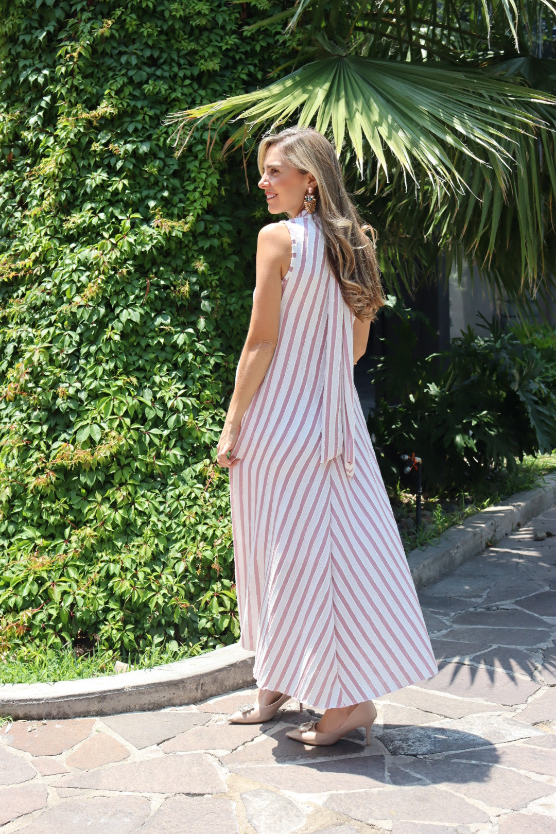 Vestido de maternidad Sonia, ivory franjas rosas