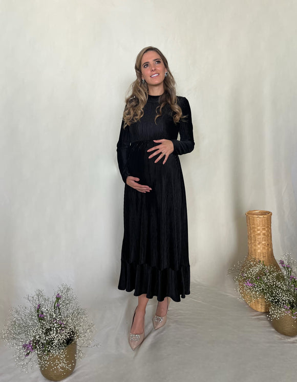 Vestido de maternidad, negro terciopelo rayas Gaby largo