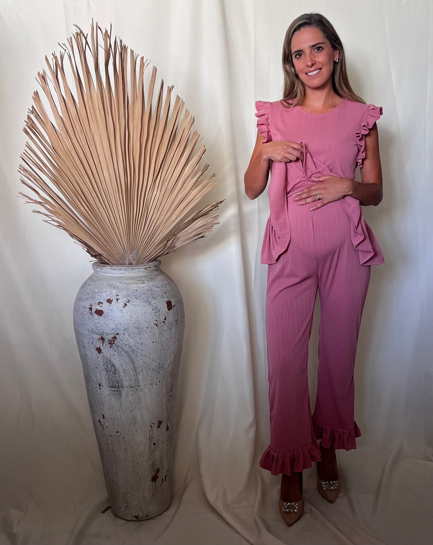 Conjunto de maternidad Imelda, rosa rayitas polvo