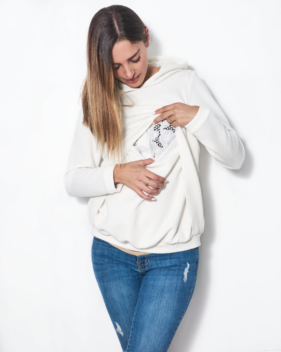 Sudadera de lactancia Gloria, blanca con capucha G