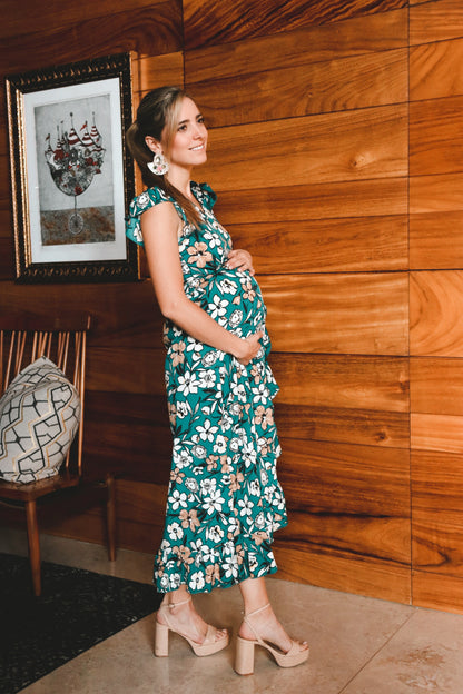 Vestido de maternidad, Ursula sin mangas verde con flores mostazas