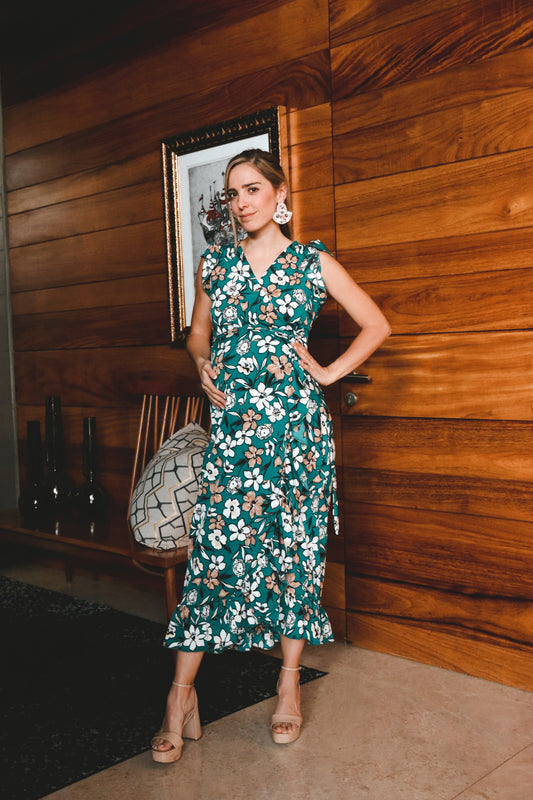 Vestido de maternidad, Ursula sin mangas verde con flores mostazas CH