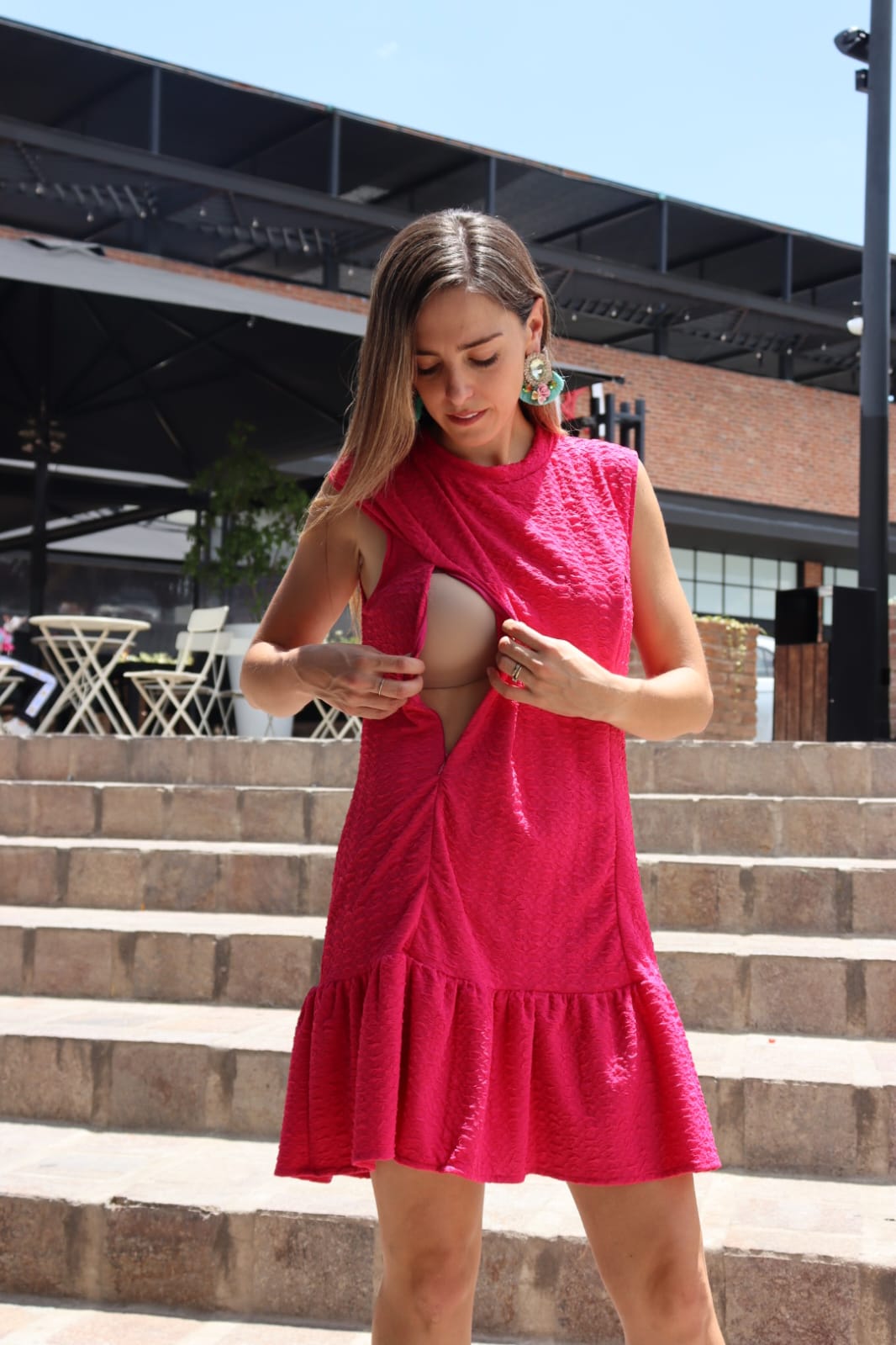 Vestido maternidad y lactancia, Lourdes sin mangas, rosa barbie textura CH