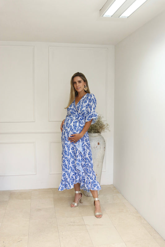 Vestido de maternidad, Ursula blanco flores azules CH
