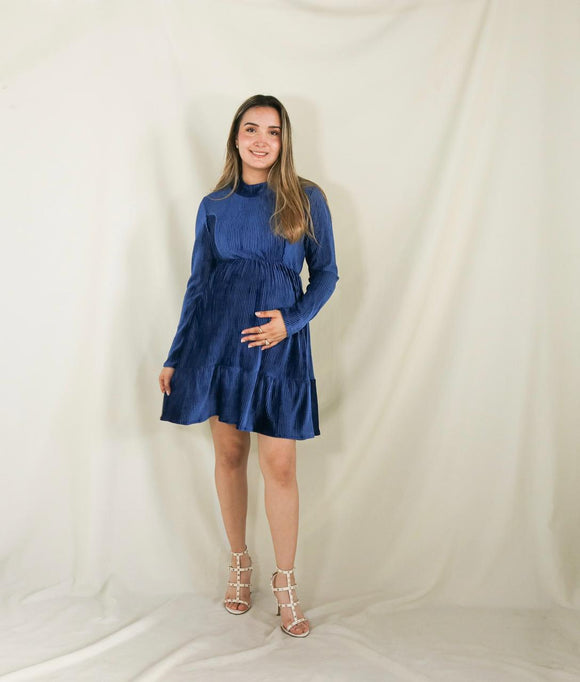 Vestido de maternidad, azul terciopelo rayas Gaby corto