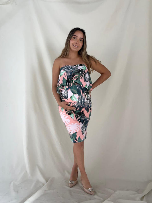 Vestido de maternidad loredana sin mangas, flores salmón y verde