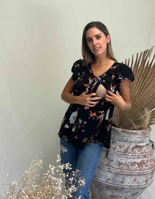 Blusa de lactancia/maternidad, Bertha negra pajaritos