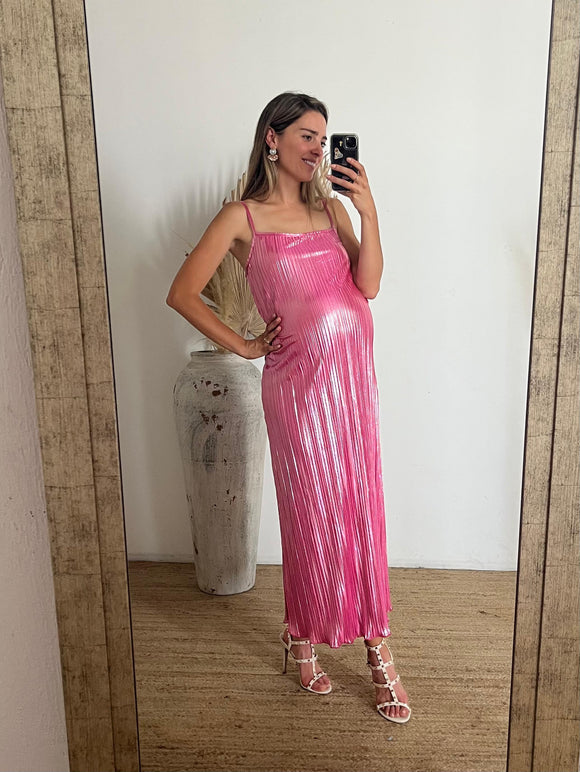 Vestido de maternidad Paloma, rosa metálico rayas