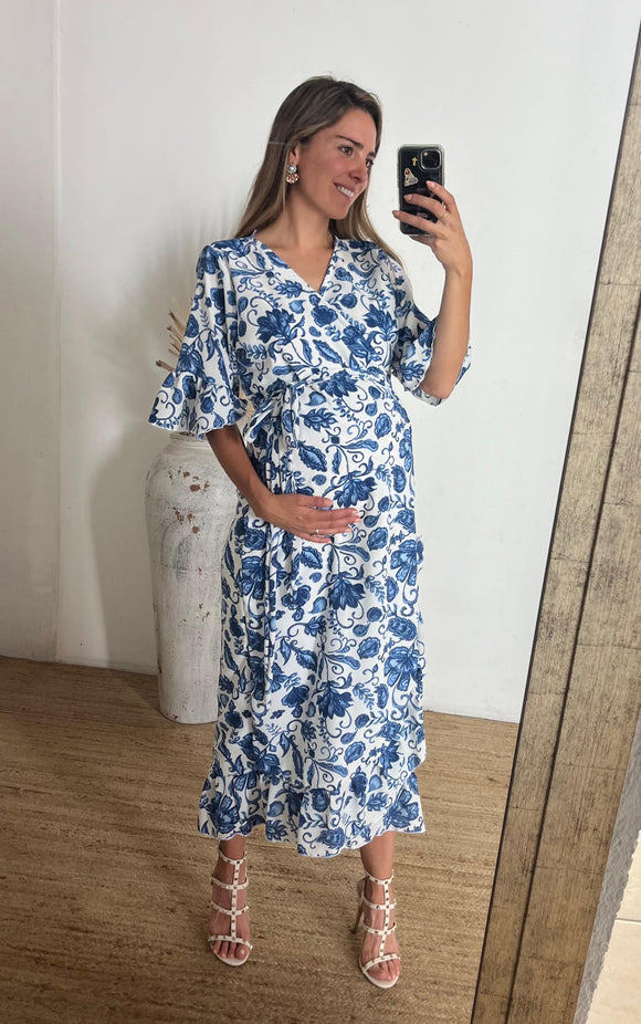 Vestido de maternidad, Ursula blanco flores azul rey