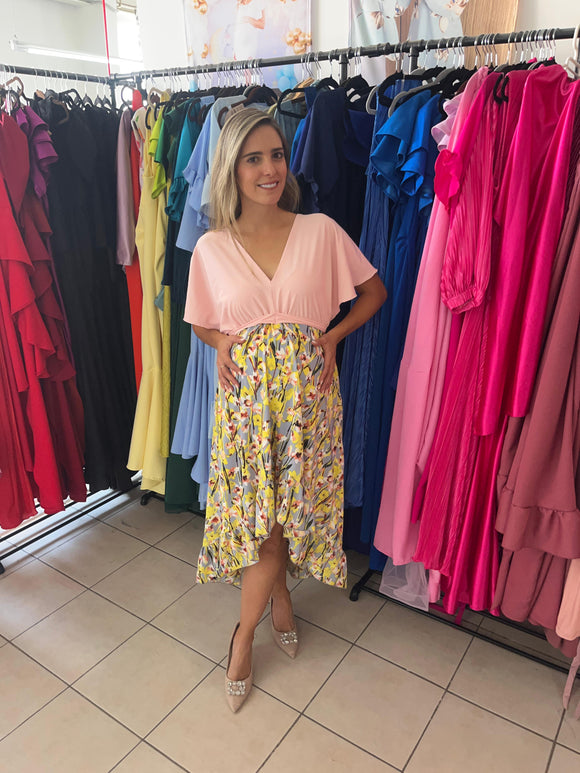 Vestido Love Carlota rosa florecitas amarillas