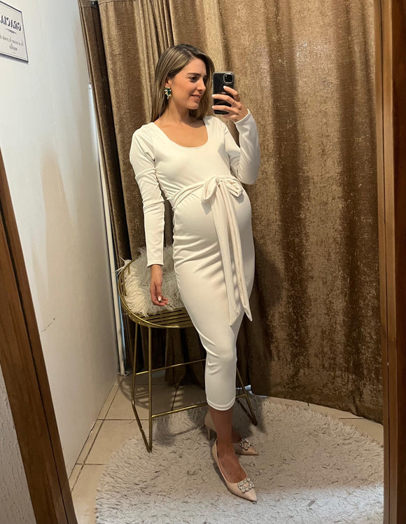 Vestido de maternidad, Olivia ivory rayitas con moño y mangas