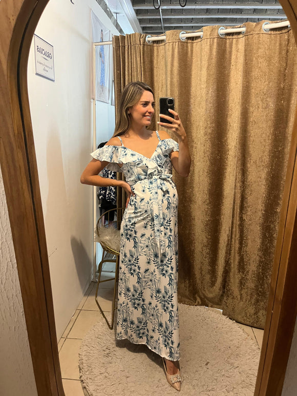 Vestido de maternidad Dayana blanco flores azules
